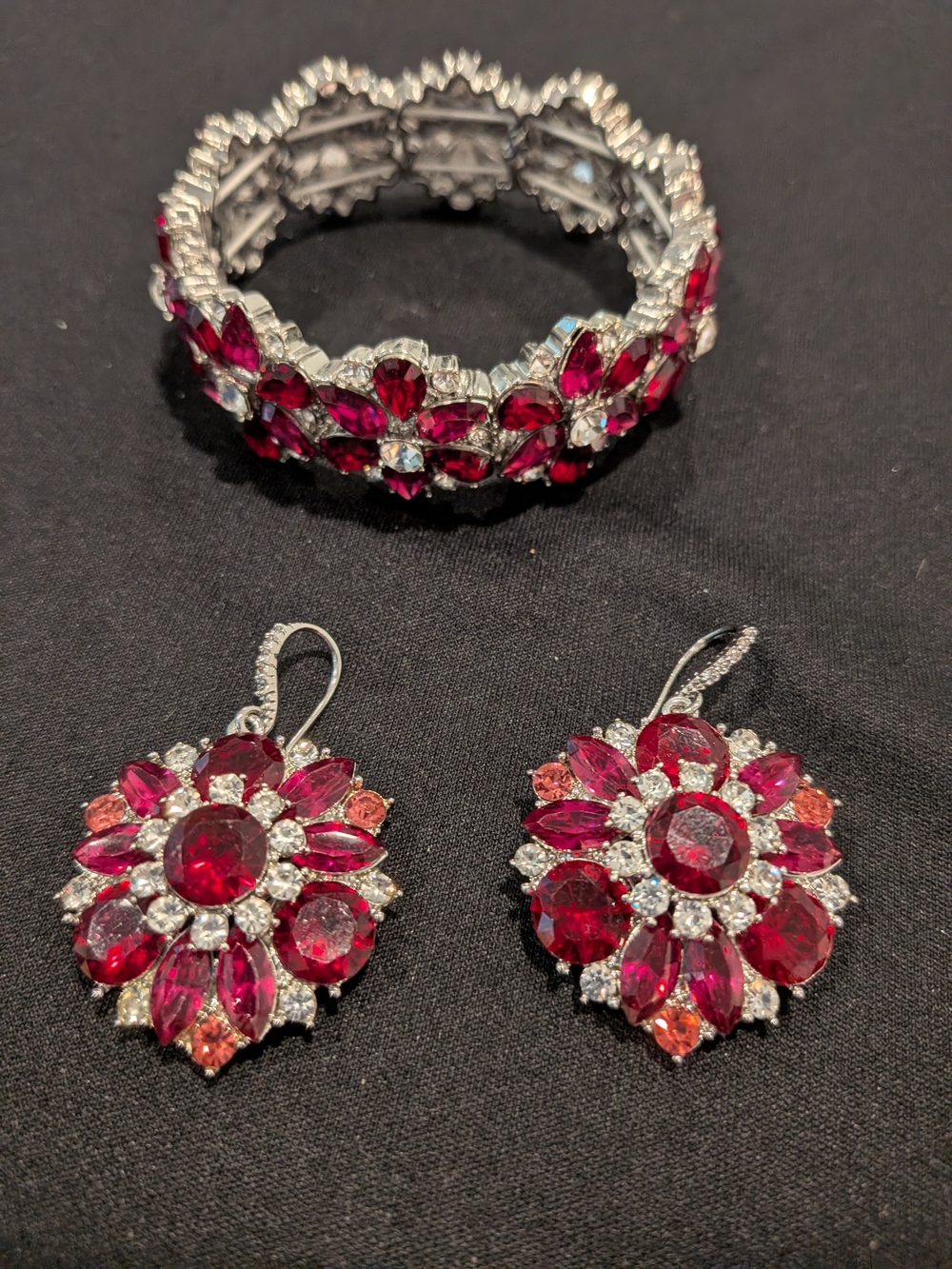 Red Crystal Floral Bracelet and Earrings Set - Women Indian Jewelry